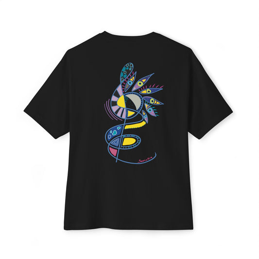 Black t-shirt from Semiotica with a colorful abstract design on the back against a white background