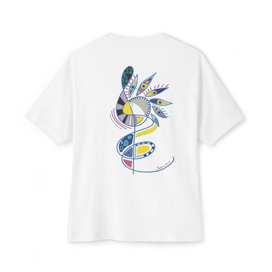 White t-shirt from Semiotica with a colorful abstract design on the back against a white background