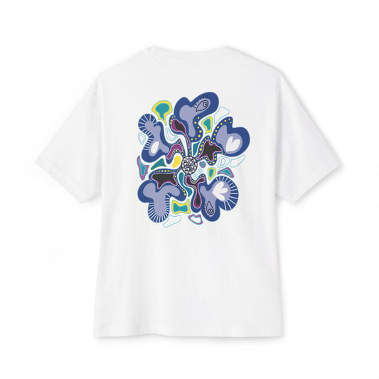 White t-shirt from Semiotica with a colorful abstract design on the back against a white background