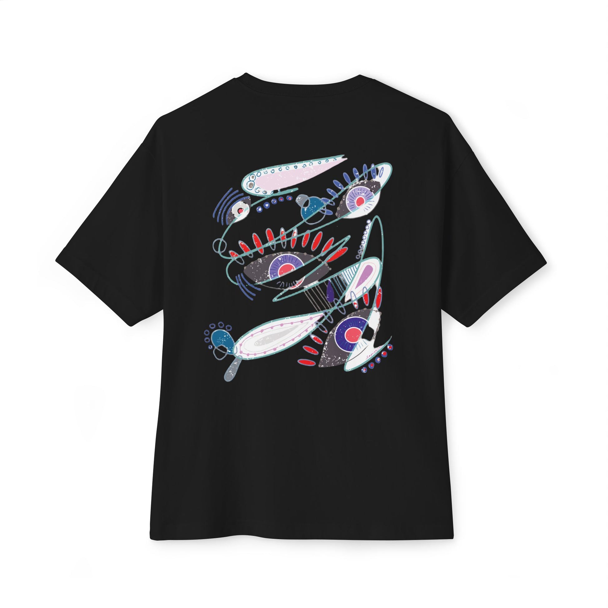 Black t-shirt from Semiotica with colorful abstract fish design on a white background