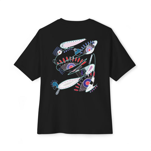 Black t-shirt from Semiotica with colorful abstract fish design on a white background