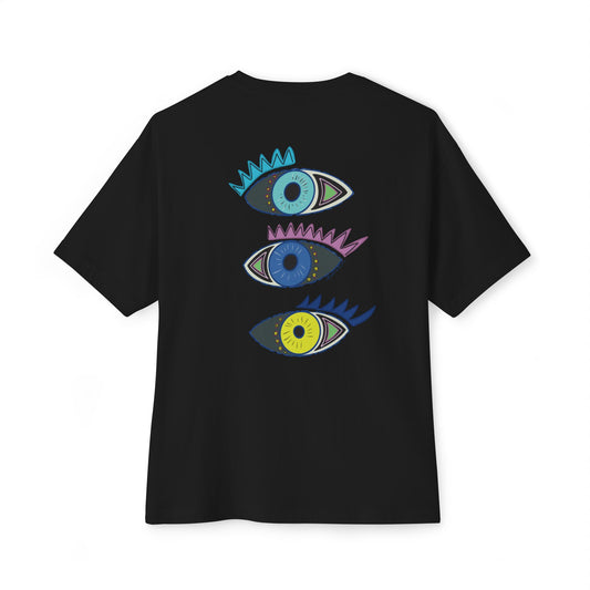 Black t-shirt from Semiotica with colorful eye designs on a white background