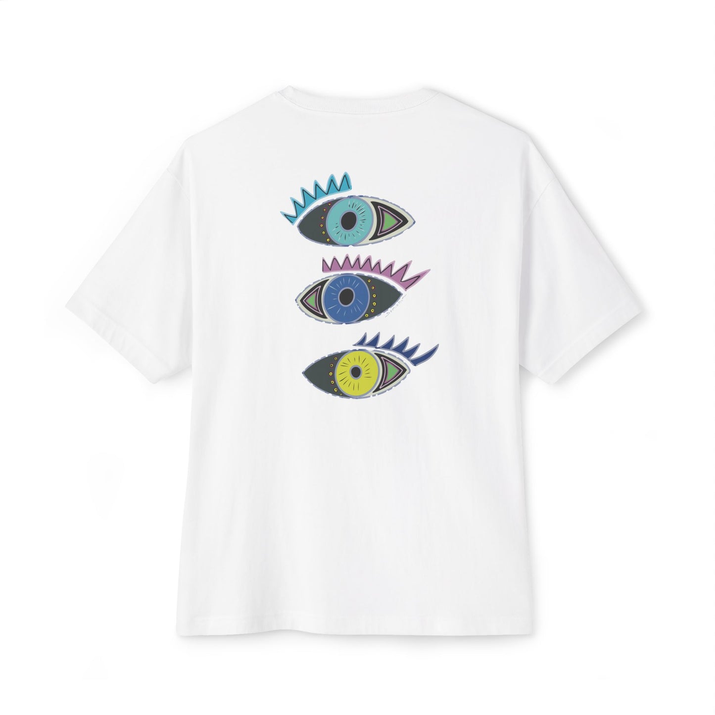 White t-shirt from Semiotica with colorful eye designs on a white background