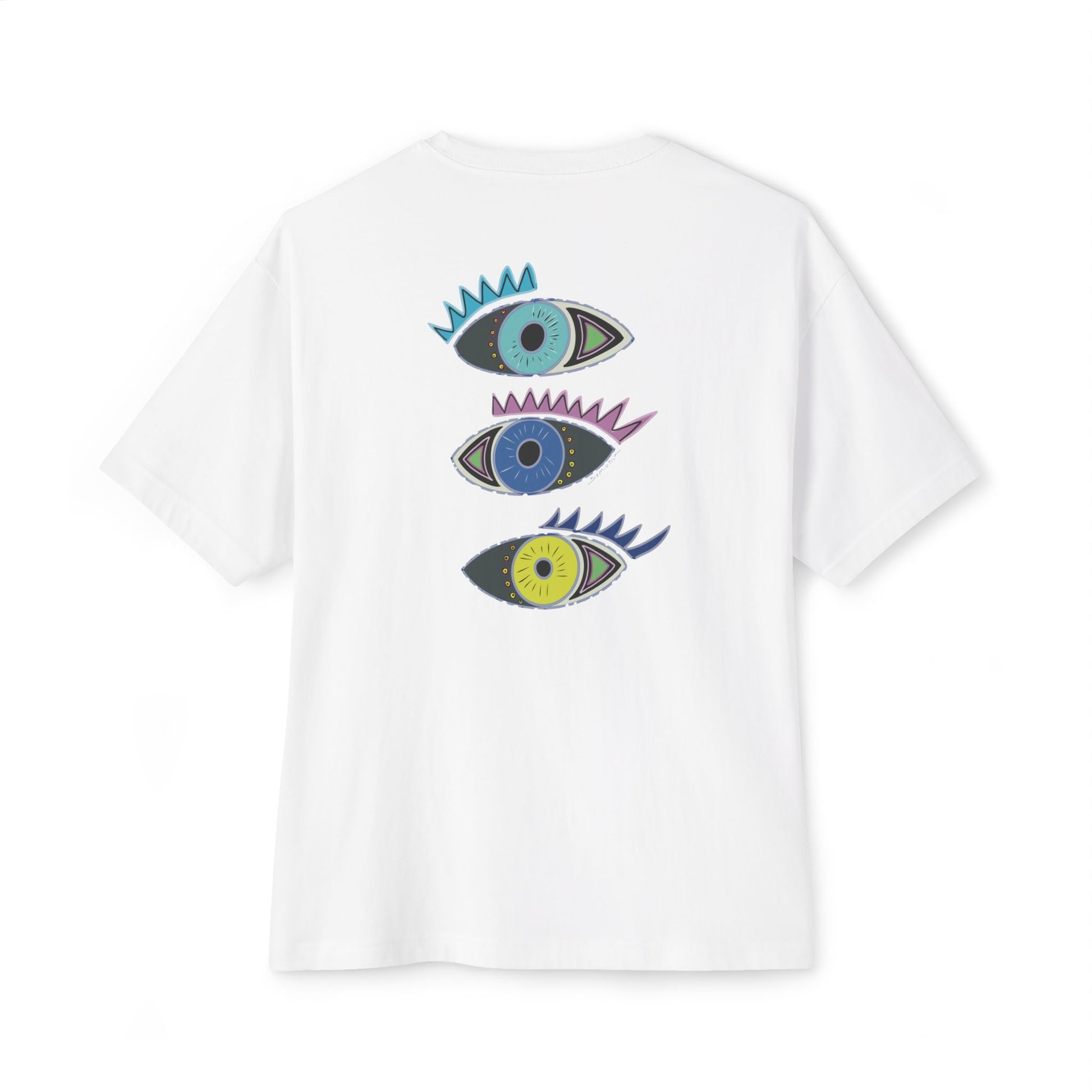 White t-shirt from Semiotica with colorful eye designs on a white background