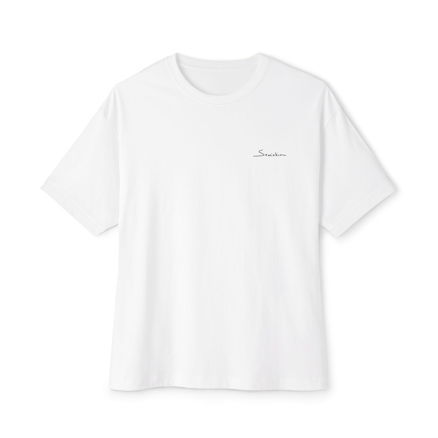 White t-shirt with Semiotica logo on a white background
