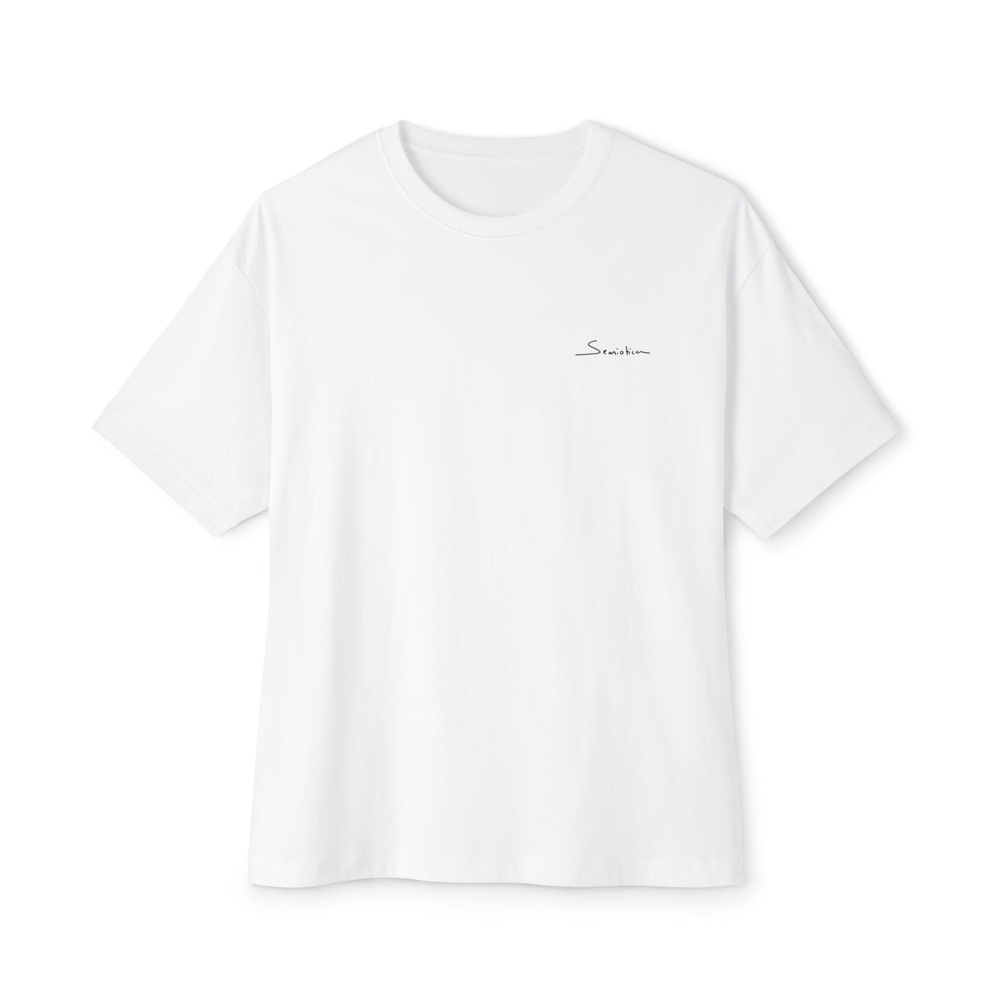 White t-shirt with Semiotica logo on a white background