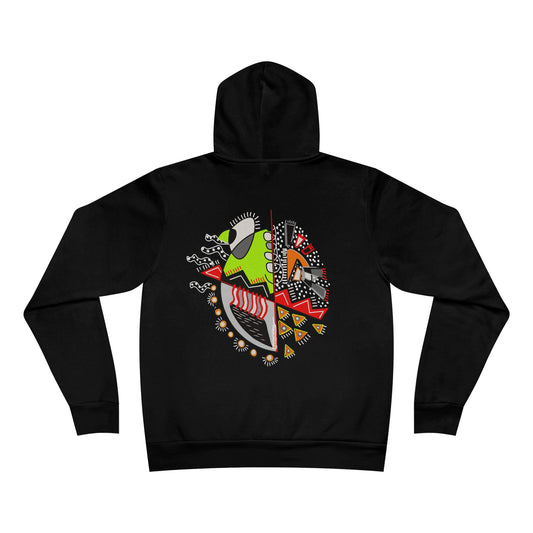 Flat lay of the black "Warrior of Light" hoodie featuring a vibrant abstract back print in red, green, orange, and white.