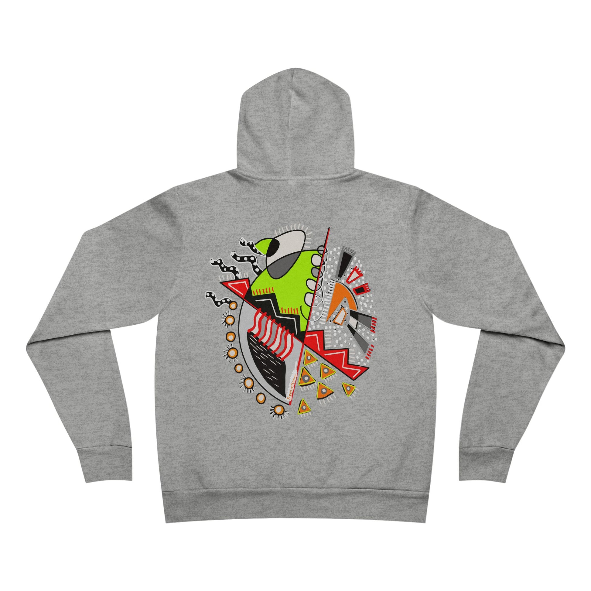 Flat lay of the gray "Warrior of Light" hoodie showing symbolic back print with vibrant abstract shapes in red, green, black, and yellow.