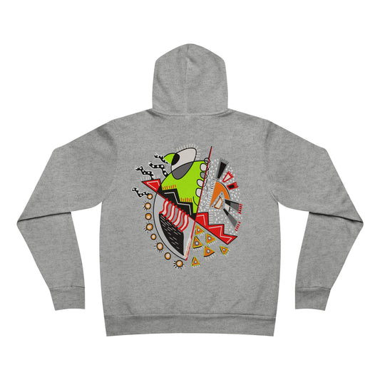 Flat lay of the gray "Warrior of Light" hoodie showing symbolic back print with vibrant abstract shapes in red, green, black, and yellow.