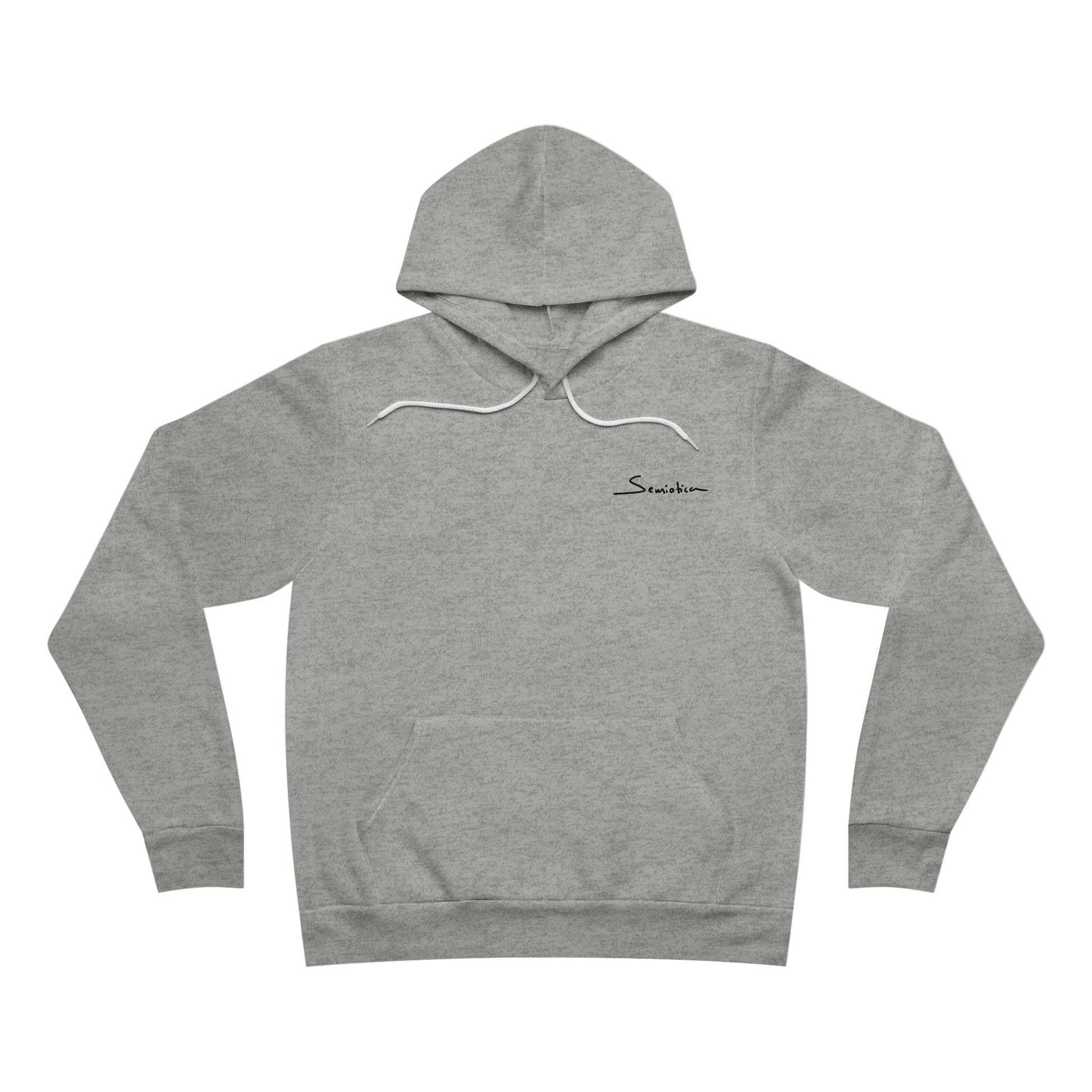 Flat lay of the front side of the gray "Warrior of Light" hoodie with drawstrings and small Semiotica logo on the chest.