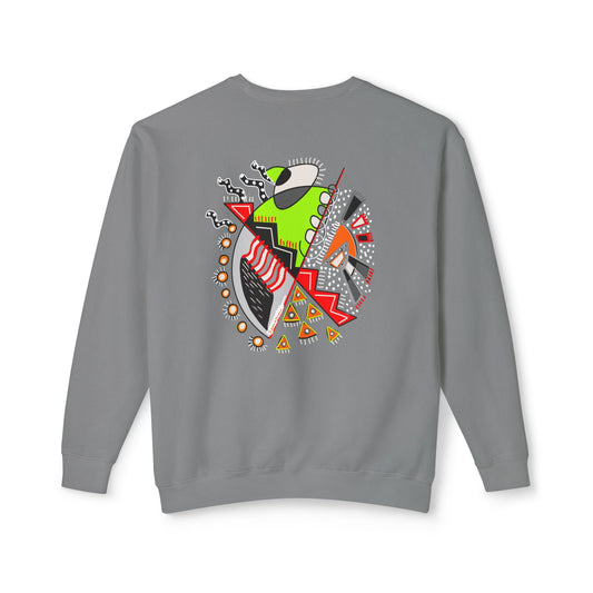 Flat lay of the gray "Warrior of Light" sweatshirt showing the vibrant abstract symbolic back design in green, red, black, and orange.