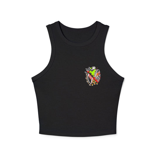 Flat lay of the black ribbed women’s tank top featuring the "Warrior of Light" symbolic print on the left chest.