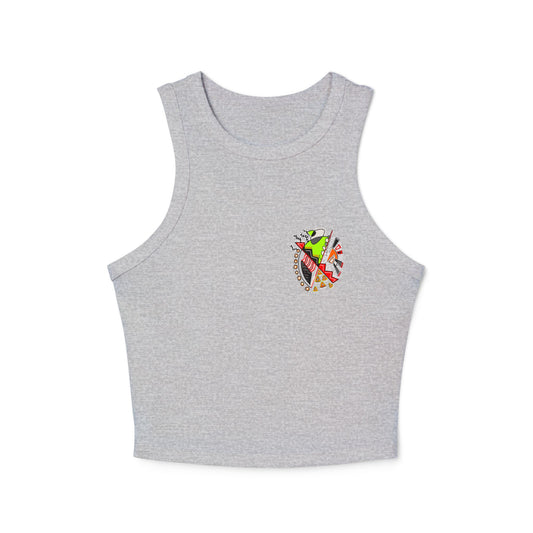 Flat lay of the gray women's ribbed tank top with the “Warrior of Light” symbolic graphic printed on the left chest.