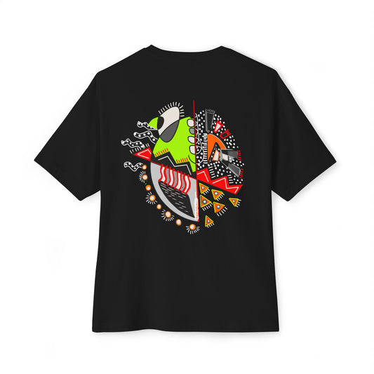 Flat lay of the black "Warrior of Light" T-shirt featuring a bold symbolic design in green, red, and orange on the back.